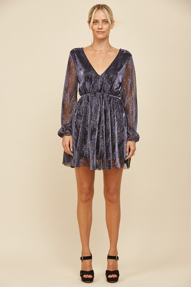 Indigo Metallic Sparkling Mesh Long Sleeve Cocktail Holiday Party Mini Dress