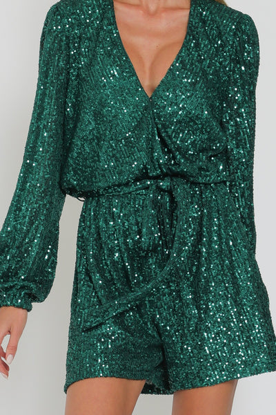 Green Metallic Sparkling Sequin Long Sleeve Holiday Cocktail Party Romper