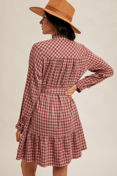 Wine Country Plaid Belted Ruffle Long Sleeve Shirt Dress