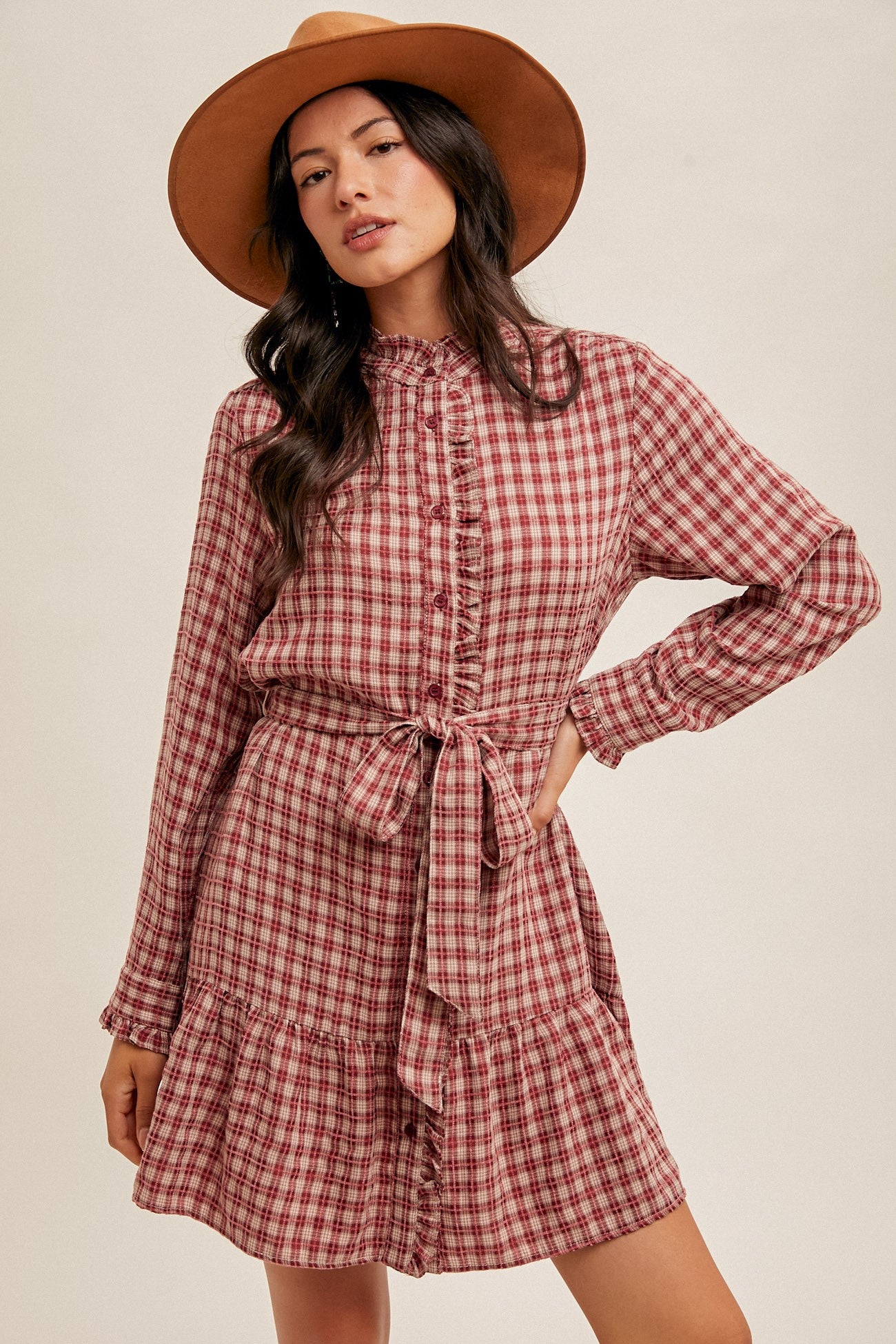 Wine Country Plaid Belted Ruffle Long Sleeve Shirt Dress