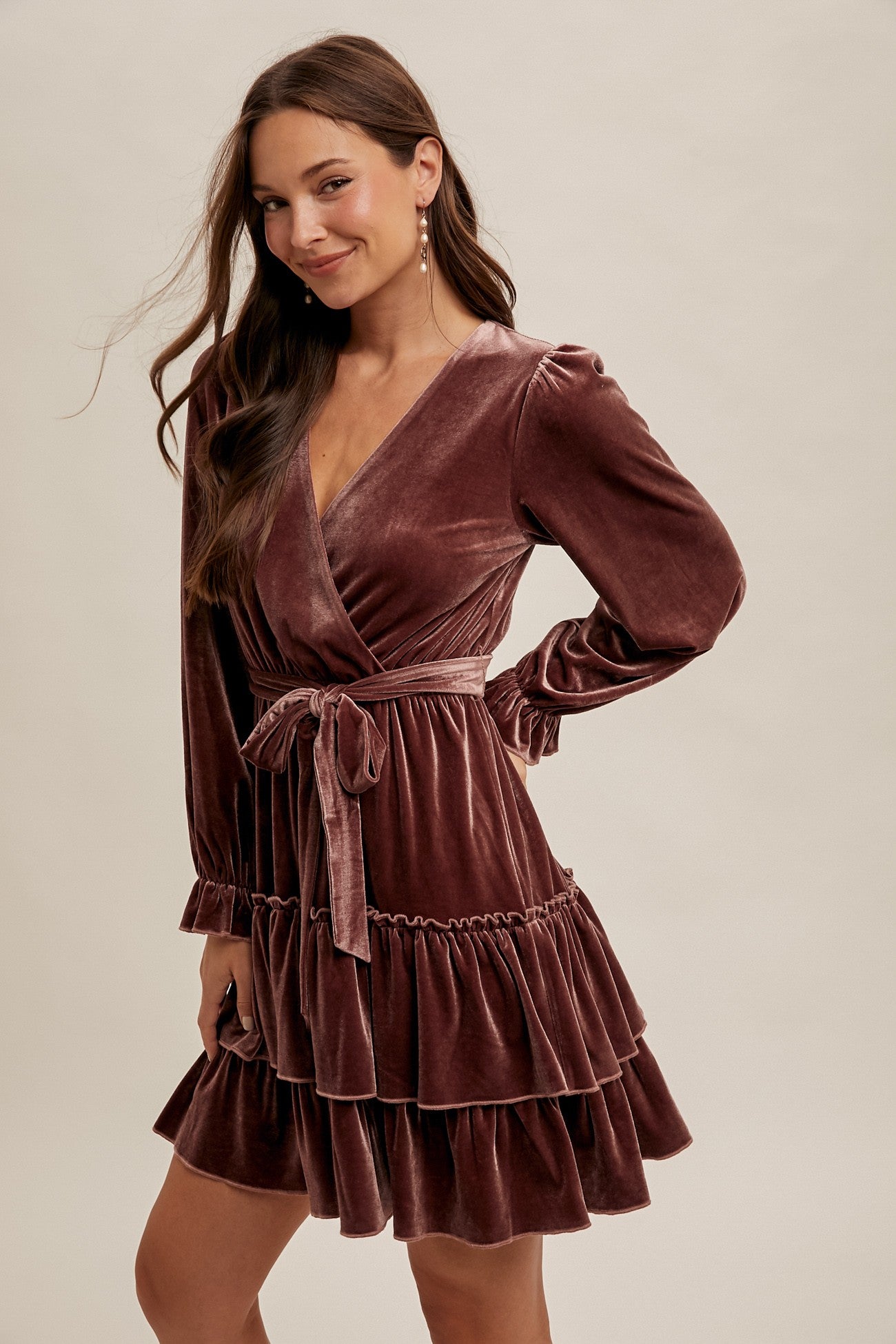 Mauve Velvet Surplice Holiday Tiered Ruffled Long Sleeve Mini Cocktail Dress