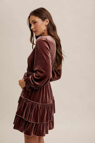 Mauve Velvet Surplice Holiday Tiered Ruffled Long Sleeve Mini Cocktail Dress