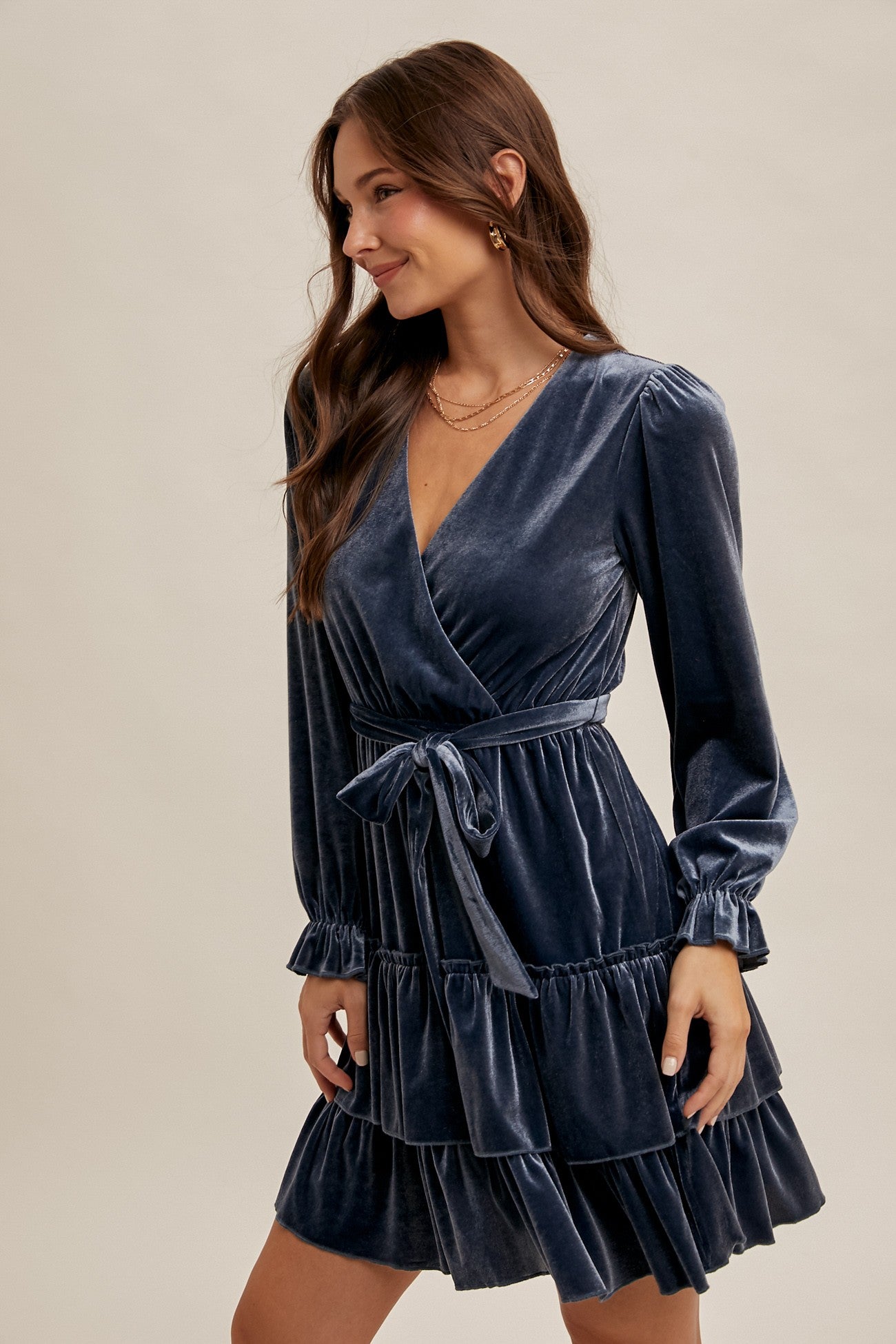 Slate Velvet Surplice Holiday Tiered Ruffled Long Sleeve Mini Cocktail Dress