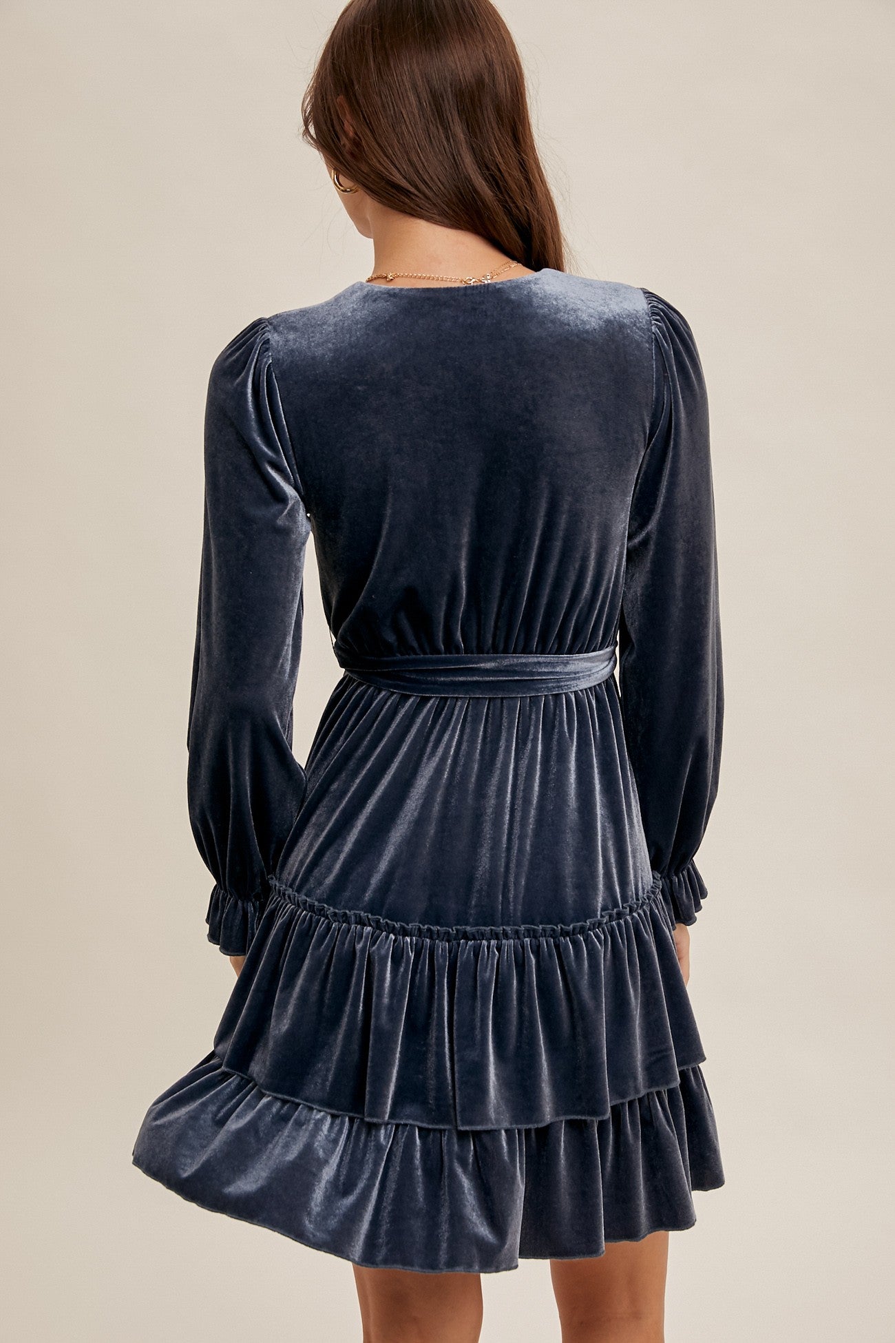 Slate Velvet Surplice Holiday Tiered Ruffled Long Sleeve Mini Cocktail Dress