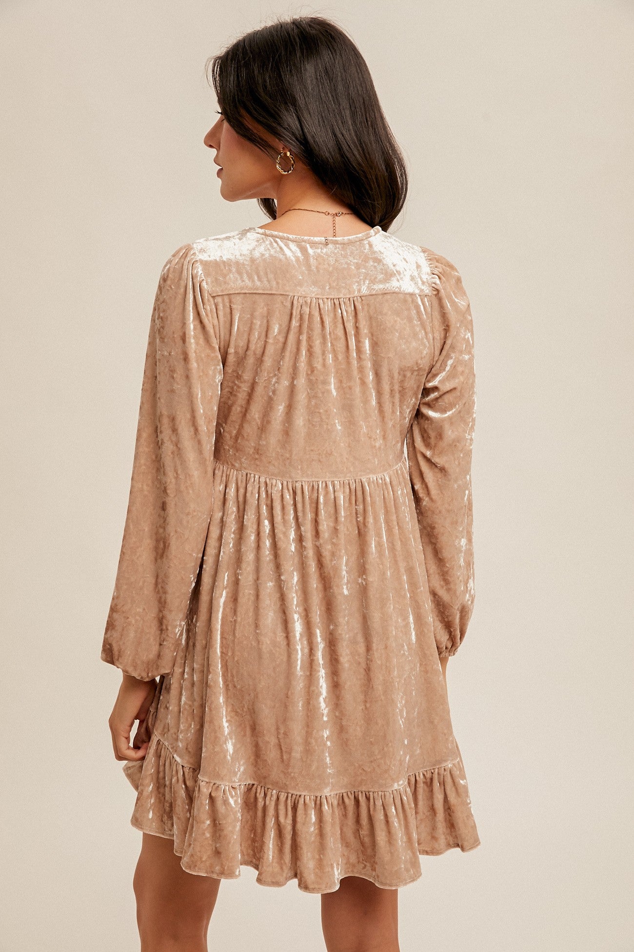 Champagne Crushed Velvet V-Neck Babydoll Bubble Sleeve Holiday Cocktail Dress