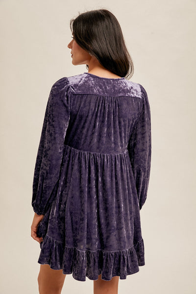 Violet Crushed Velvet V-Neck Babydoll Bubble Sleeve Holiday Cocktail Dress