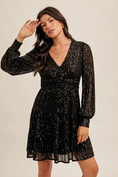 Black Metallic Sparkling Sequin Long Sleeve Tiered Holiday Cocktail Dress