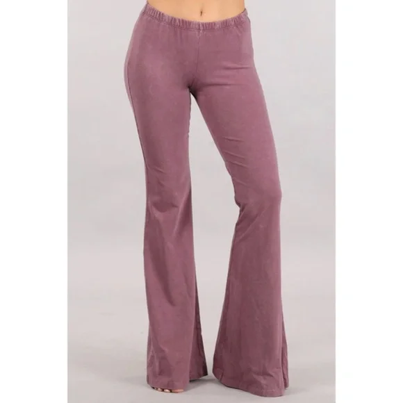 Dusty Rose Boho Mineral Wash Flared Bell Bottom Stretch Pull On Pants Womens