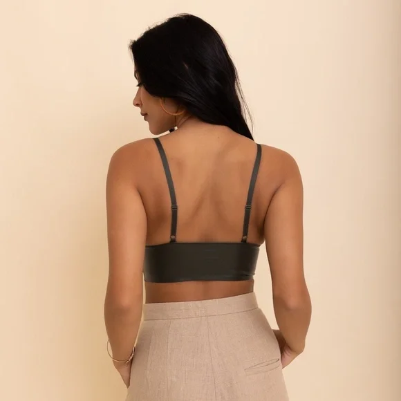 Black Vegan Faux Leather Longline Solid Women's Sexy Bralette