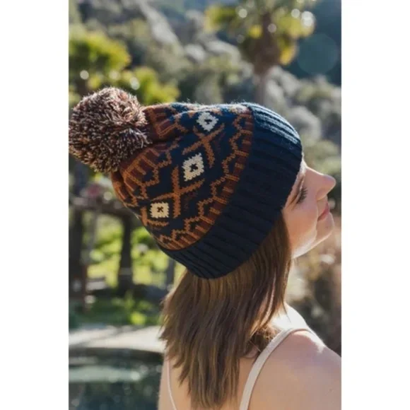Camel & Blue Aztec Tribal Bohemian Knit Winter Cozy Pom Beanie Hat