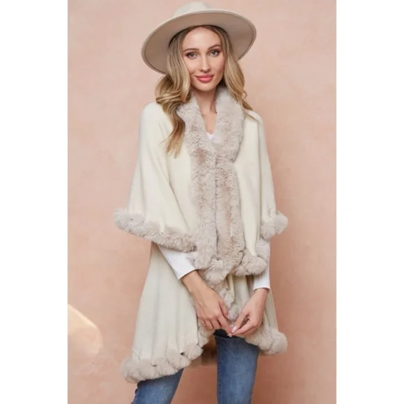 Ivory Solid Faux Fur Trimmed Knit Sweater Cape Poncho Shawl Cardigan Sweater