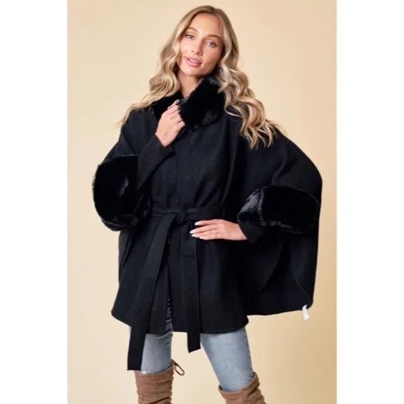Black Solid Faux Fur Trimmed Soft Fuzzy Poncho Cape Coat Women's Fall Winter