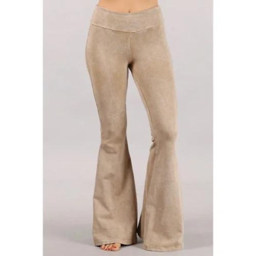 Beige Mineral Wash French Terry Flared Bell Bottom Pull On Pants w/ Pockets