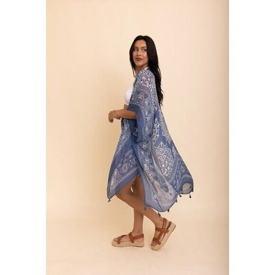 Navy Blue Mandala Printed Tassel Open Kimono Coverup Casual Wrap One Size