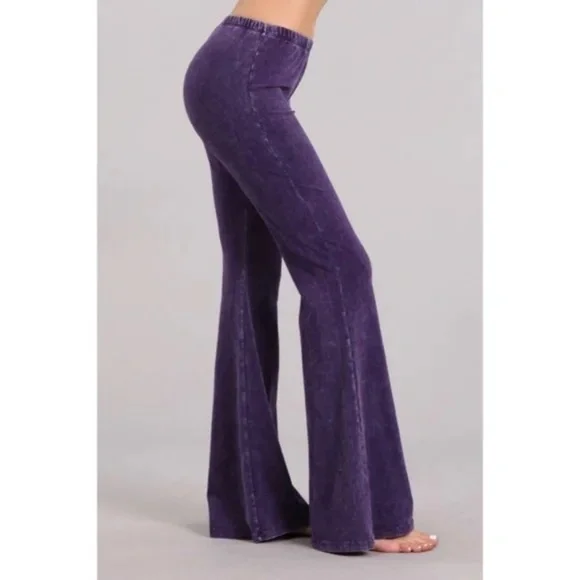 Grape Purple Boho Mineral Wash Flared Bell Bottom Stretch Pull On Pants Womens