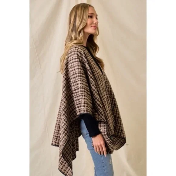 Mocha Brown Houndstooth Knit Shawl Open Poncho Wrap Casual Fall Winter One Size