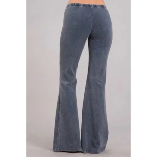 Blue Gray Boho Mineral Wash Flared Bell Bottom Stretch Pull On Pants Womens