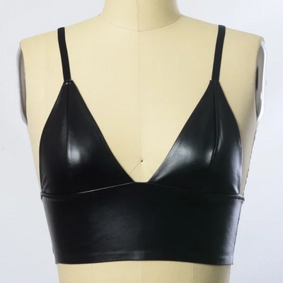 Black Vegan Faux Leather Longline Solid Women's Sexy Bralette