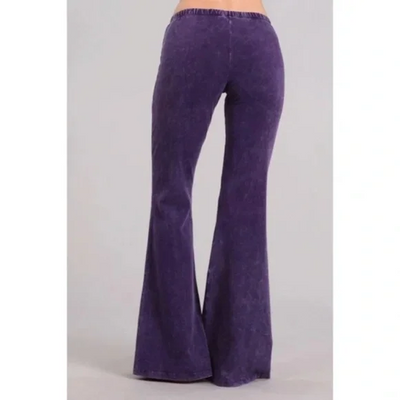 Grape Purple Boho Mineral Wash Flared Bell Bottom Stretch Pull On Pants Womens
