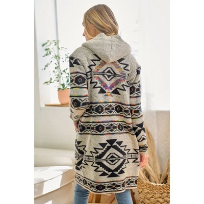 Oatmeal Rainbow Aztec Sherpa Lined Knit Button Hooded Cardigan Casual Sweater