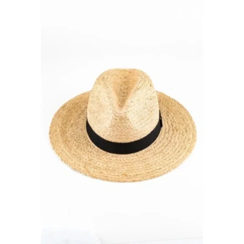 Natural Straw Panama Hat w/ Black Ribbon Accent Summer Casual Women's