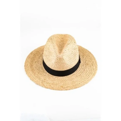Natural Straw Panama Hat w/ Black Ribbon Accent Summer Casual Women's