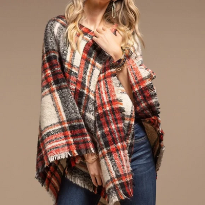 Red Multi Color Plaid Frayed Hem Knit Fall Winter Poncho Casual Women's One Size