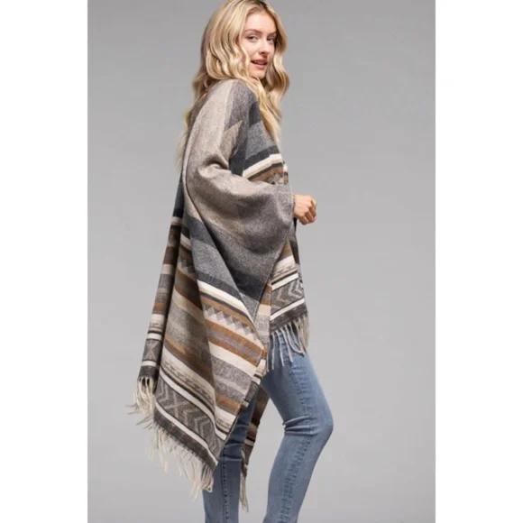 Black Combo Striped Aztec Western Knit Open Ruana Sweater Wrap One Size