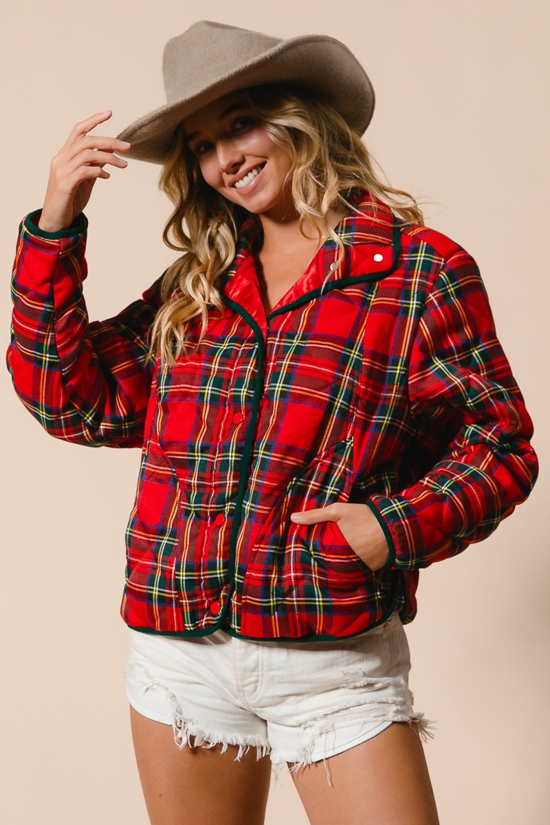 Red Vintage Christmas Plaid Holiday Winter Casual Quilted Jacket