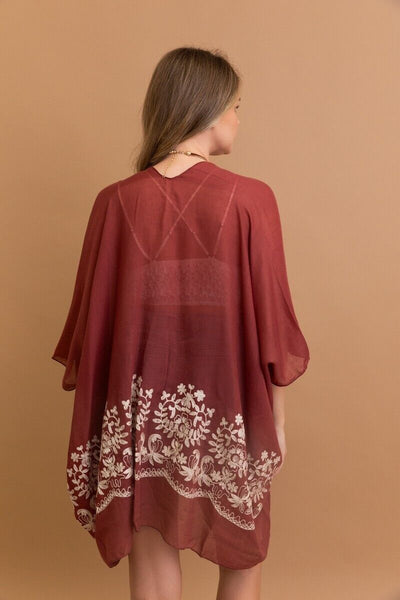 Rosewood Floral Embroidered Sheer Kimono Wrap Boho One Size Womens