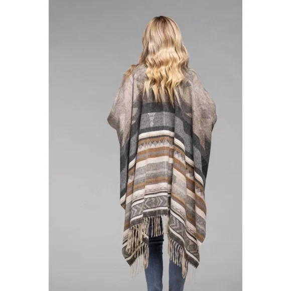 Black Combo Striped Aztec Western Knit Open Ruana Sweater Wrap One Size