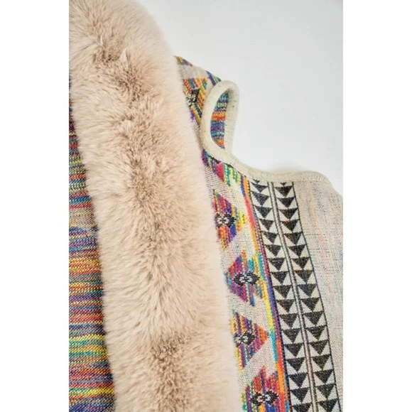 Taupe Multi Color Faux Fur Trim Sleeveless Knit Western Boho Cardigan Vest