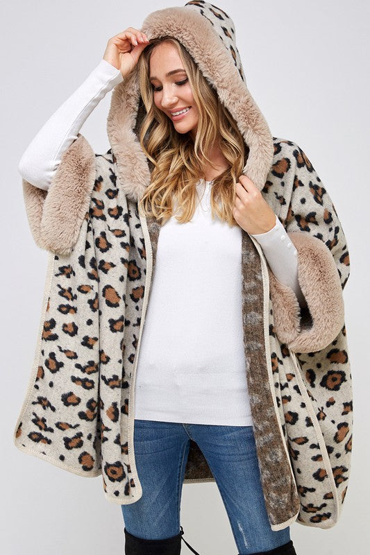 Taupe Faux Fur Trim Hooded Animal Leopard Print Soft Knit Poncho Coat