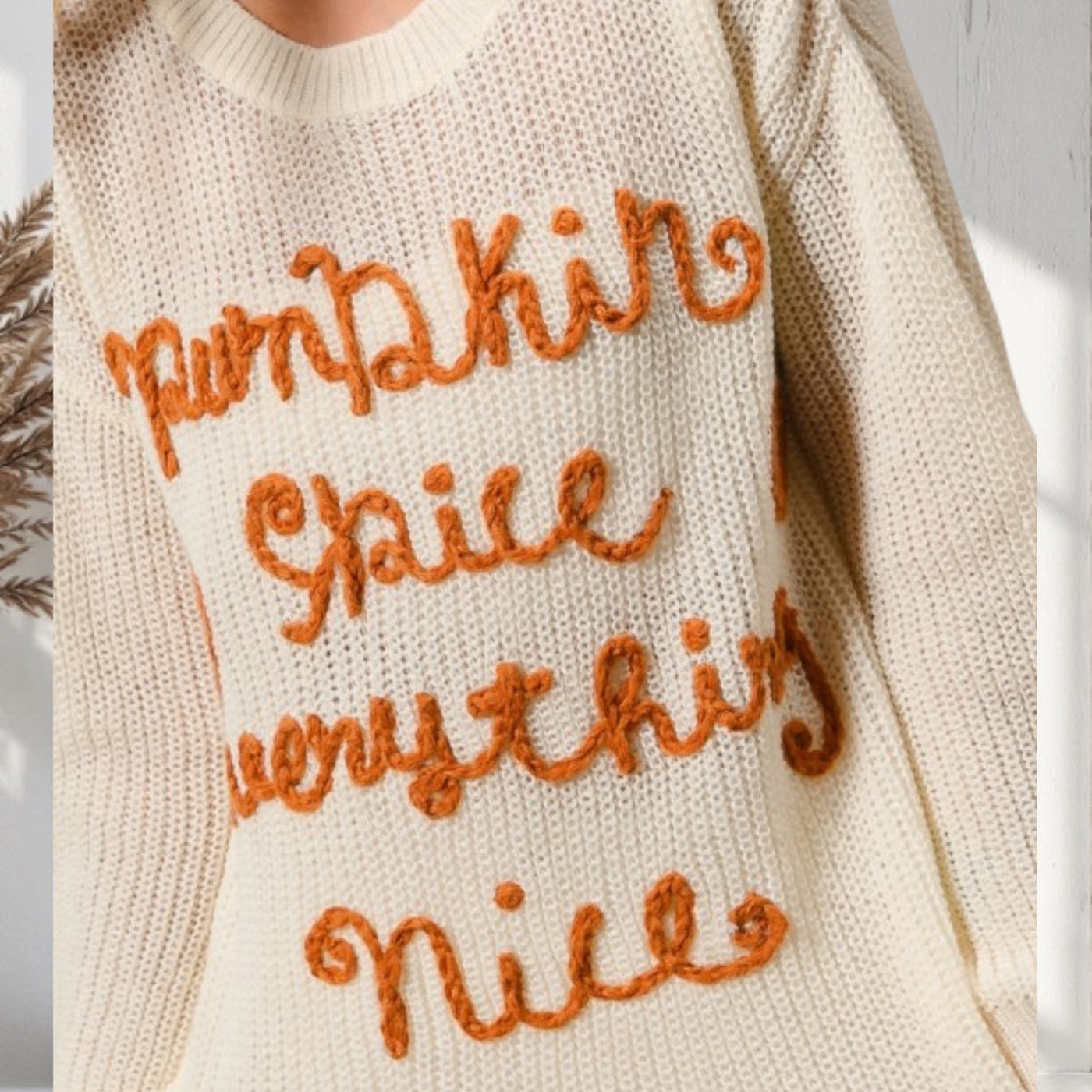 Ivory Pumpkin Spice Everything Nice Knit Fall Thanksgiving Crew Pullover Sweater