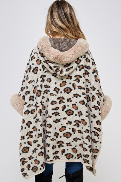 Taupe Faux Fur Trim Hooded Animal Leopard Print Soft Knit Poncho Coat