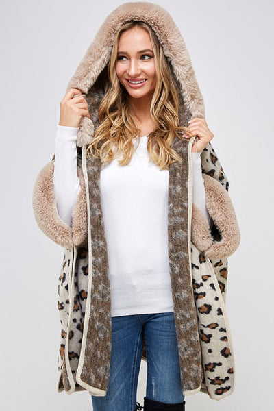 Taupe Faux Fur Trim Hooded Animal Leopard Print Soft Knit Poncho Coat
