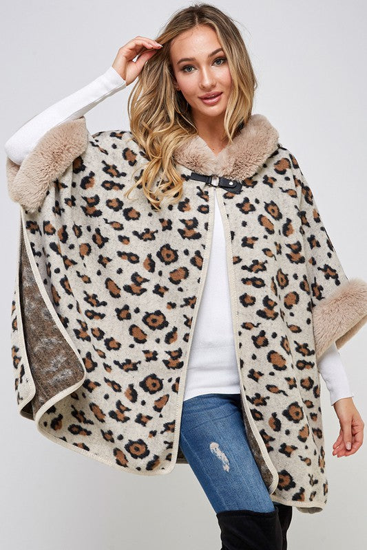 Taupe Faux Fur Trim Hooded Animal Leopard Print Soft Knit Poncho Coat
