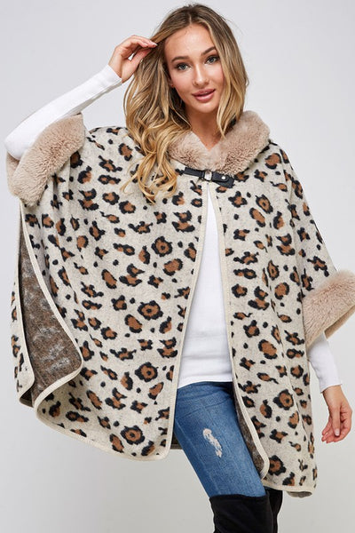 Taupe Faux Fur Trim Hooded Animal Leopard Print Soft Knit Poncho Coat