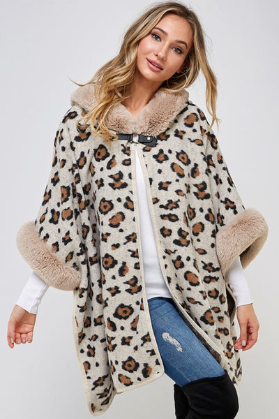 Taupe Faux Fur Trim Hooded Animal Leopard Print Soft Knit Poncho Coat