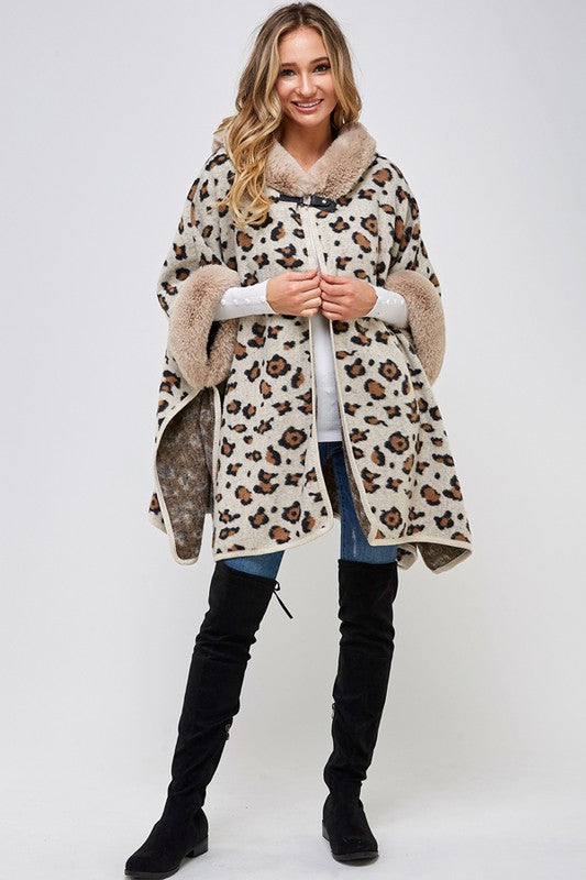 Taupe Faux Fur Trim Hooded Animal Leopard Print Soft Knit Poncho Coat