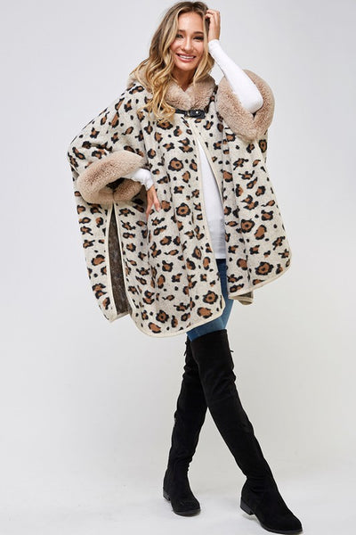 Taupe Faux Fur Trim Hooded Animal Leopard Print Soft Knit Poncho Coat