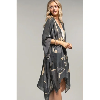 Charcoal Long Floral Sweeping Summer Vacation Casual Coverup Kimono Wrap Top