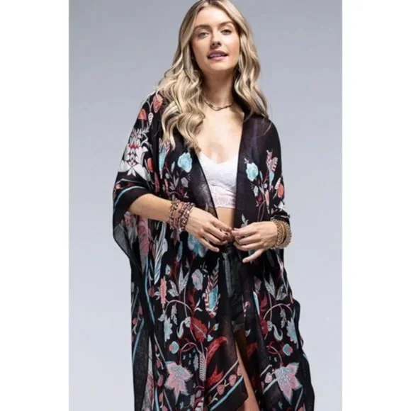 Teal Black Leaf & Flower Printed Kimono Open Wrap Coverup Kimono Top One Size