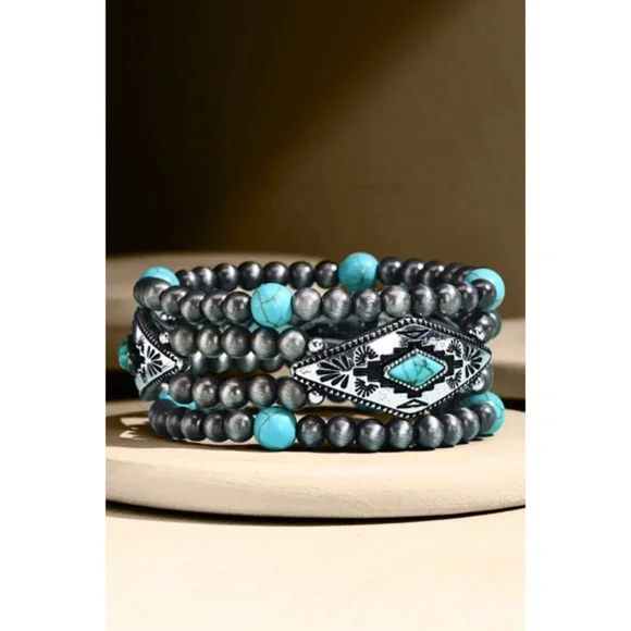 Turquoise Beaded Western Stretch Bracelet Set