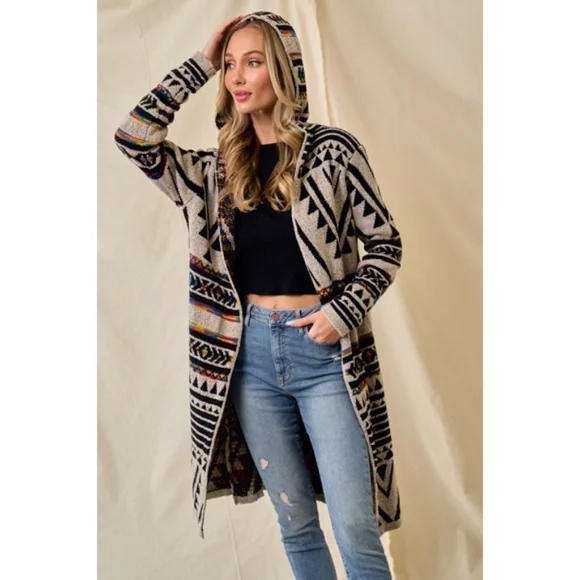 Oatmeal Multi Rainbow Aztec Jacquard Hooded Knit Open Cardigan Western Sweater