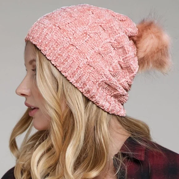 Blush Pink Luxury Chenille Cable Knit Faux Fur Pom Pom Winter Beanie Womens Hat