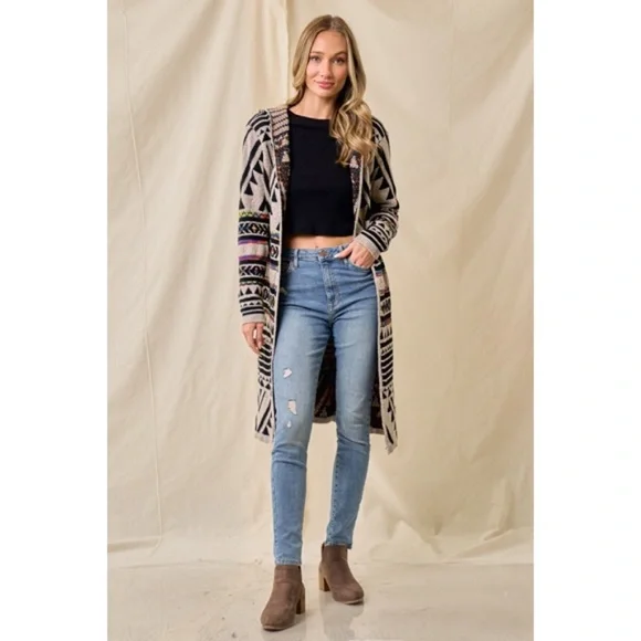 Oatmeal Multi Rainbow Aztec Jacquard Hooded Knit Open Cardigan Western Sweater