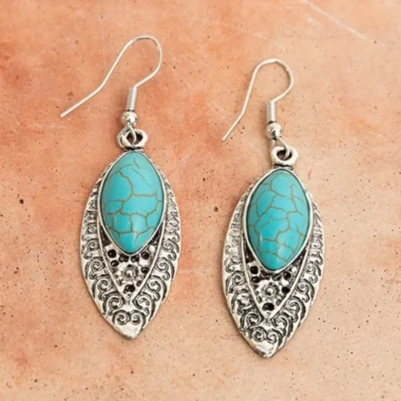 Antique Silver Vintage Style Engraved Western Turquoise Dangle Earrings