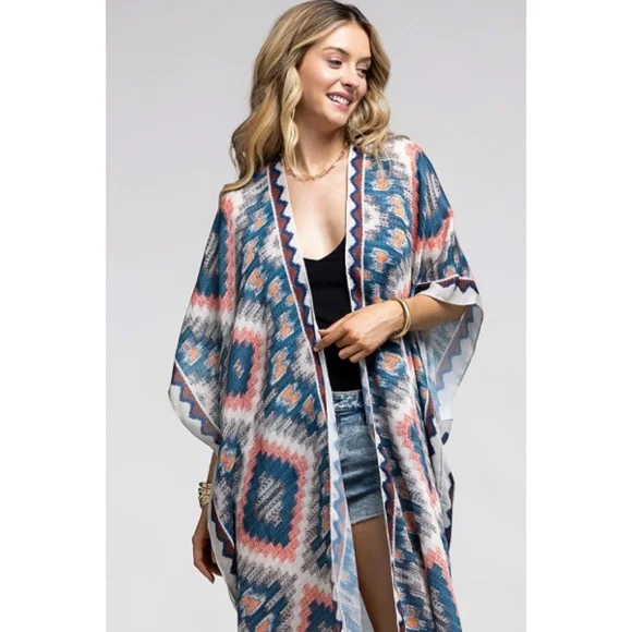 Beige Multi Long Open Front Aztec Tribal Pattern Kimono Wrap Coverup Top