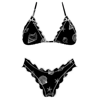 Wave Catcher Black Shell Seashell 2Pc Triangle Bikini Swimsuit Set